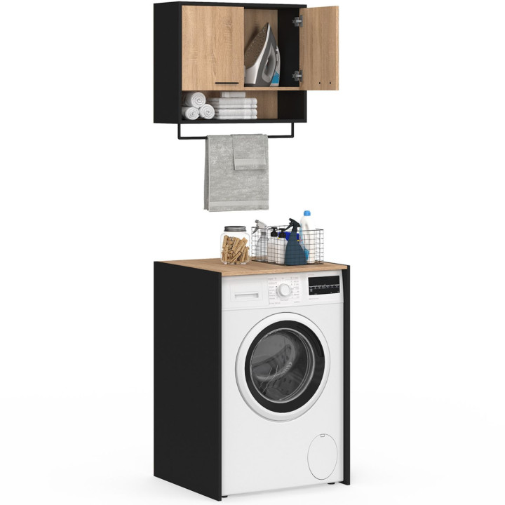 Ensemble meubles de buanderie WALLIS noir et bois façon hêtre pour machine à laver