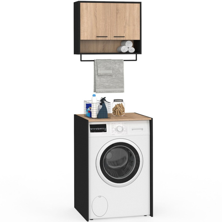 Ensemble meubles de buanderie WALLIS noir et bois façon hêtre pour machine à laver