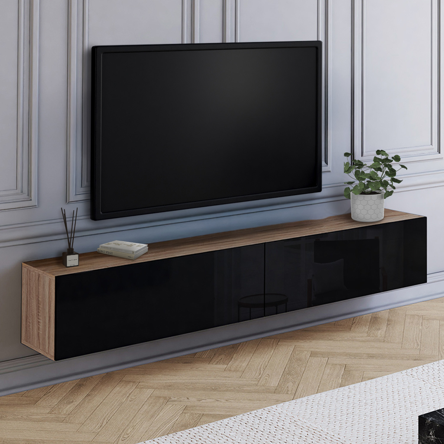 Meuble télé suspendu noir et bois 180 cm