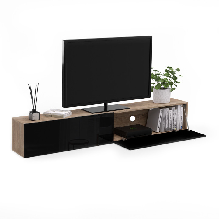 Meuble TV 180 cm suspendu ELIO 2 portes bois et noir