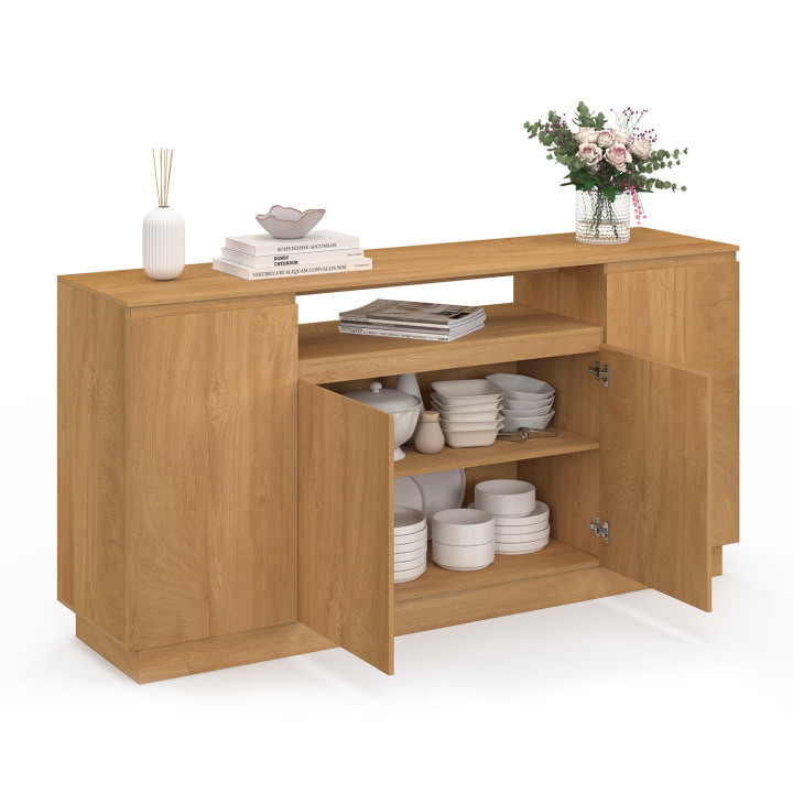 Buffet 160 cm SERENA 4 portes avec niche centrale effet chêne clair