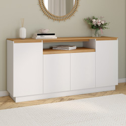 Sideboard 160 cm SERENA 4-türig mit zentraler Nische in Weiß und Platte in Holzoptik
