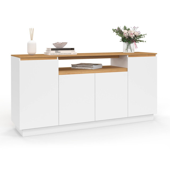 Sideboard 160 cm SERENA 4-türig mit zentraler Nische in Weiß und Platte in Holzoptik