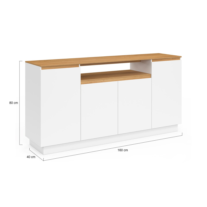 Sideboard 160 cm SERENA 4-türig mit zentraler Nische in Weiß und Platte in Holzoptik