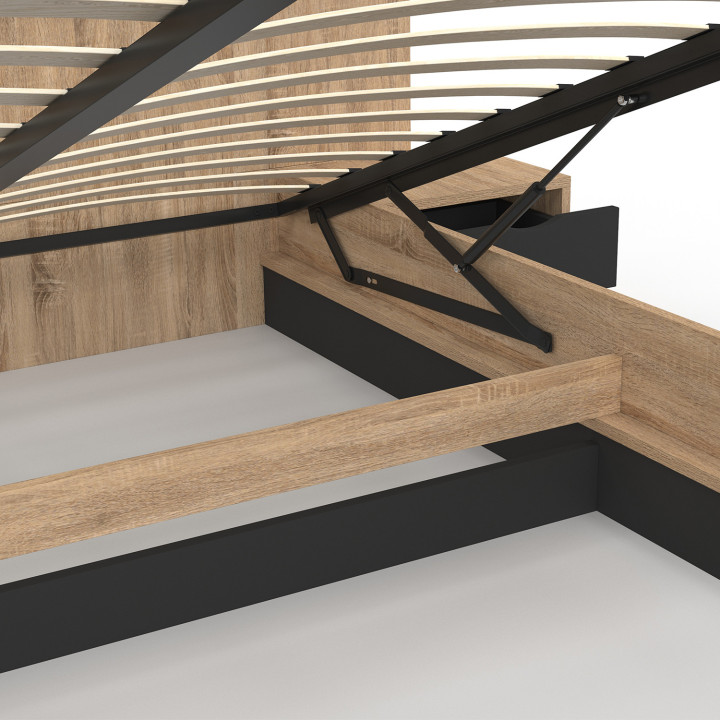 Letto matrimoniale SANTA con testiera + comodini integrati e rete a doghe in legno e nero da 160 x 200 cm