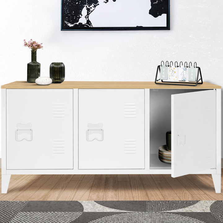 Comò basso in metallo bianco con 3 ante e piano in legno da 113 cm - ESTER | ID Market
