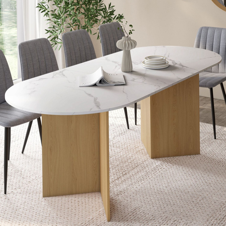 Mesa de comedor extensible 6 -10 personas tapa ovalada mármol blanco y acabado madera haya 160-200 cm - MARTHE | IdMarket