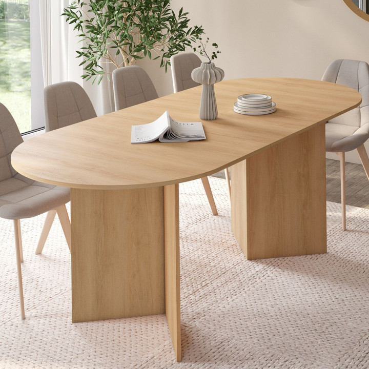 Table à manger extensible ovale MARTHE 6 -10 personnes bois façon hêtre 160-200 cm