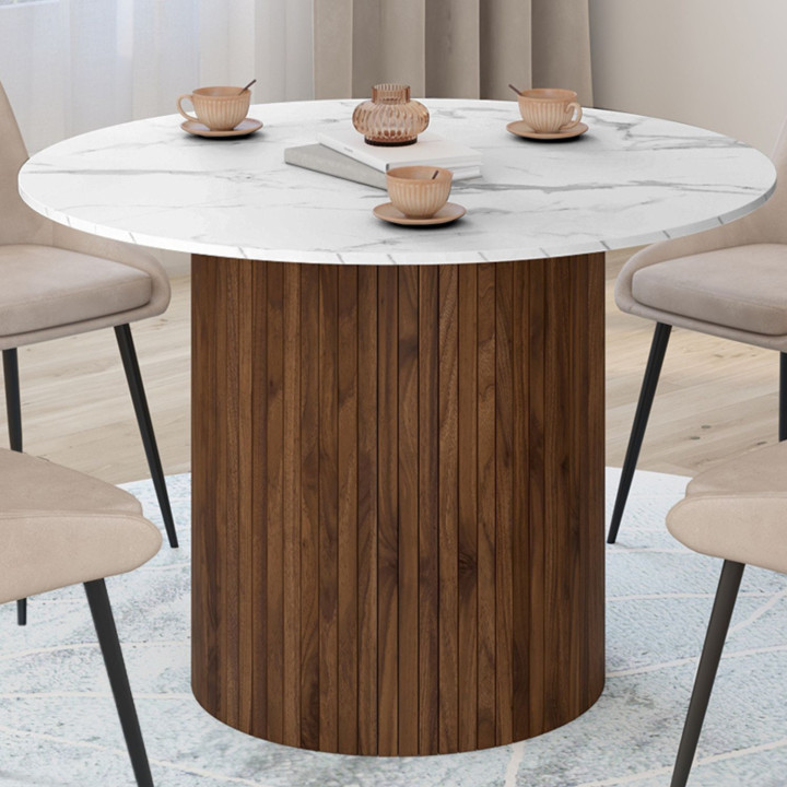 ALASKA 6-persoons ronde eettafel met centrale poot met walnoot lamelleneffect en wit marmereffect bovenblad 110 cm - JULIETTE | 