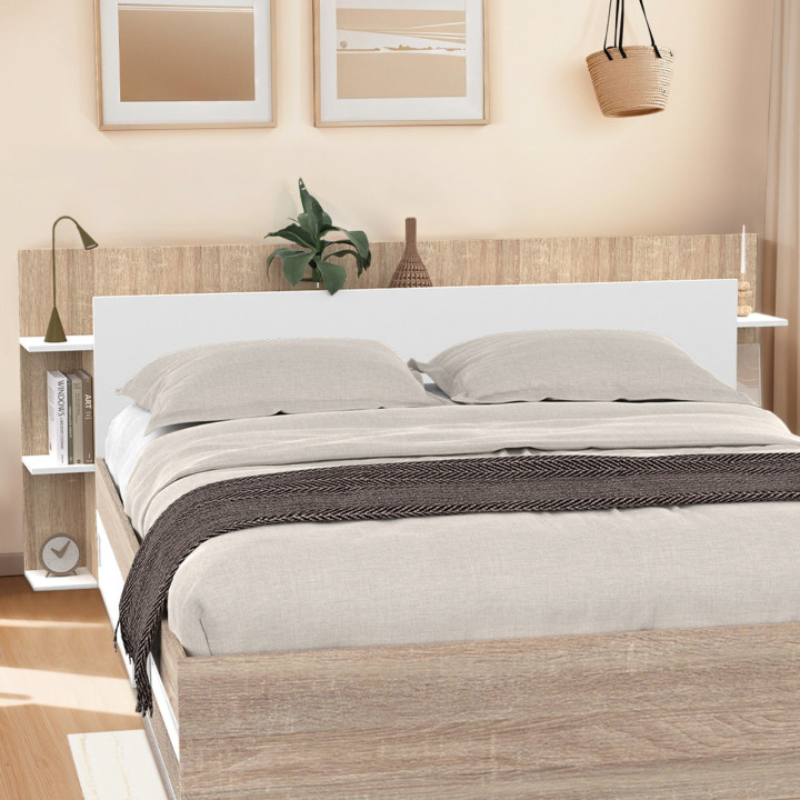 Kopfteil auf Fuß für Bett 140/160 cm mit Stauraum weiß und Holz - CIRI | ID Market