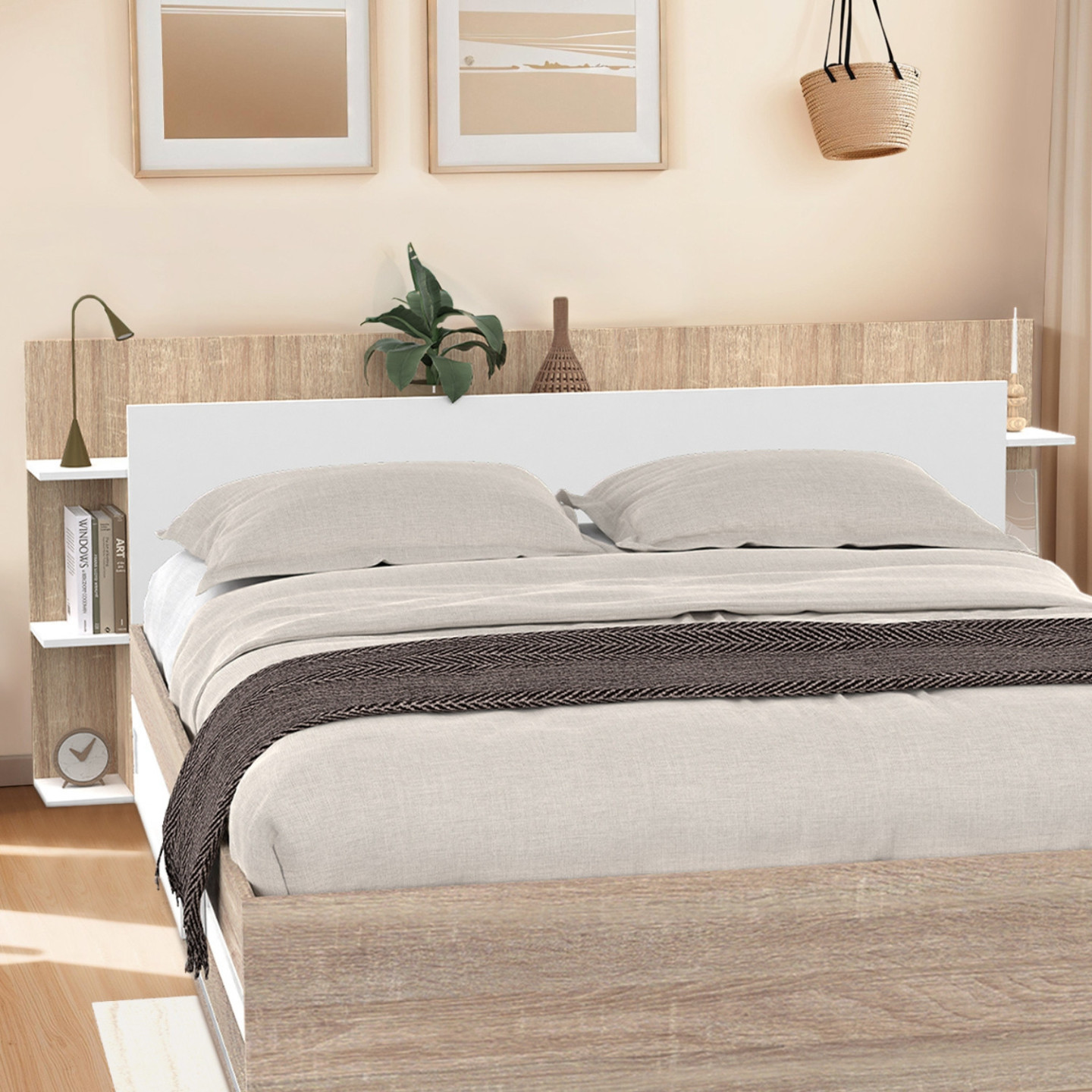 Tête de lit sur pied pour lit 140/160 cm avec rangements blanc et bois ...