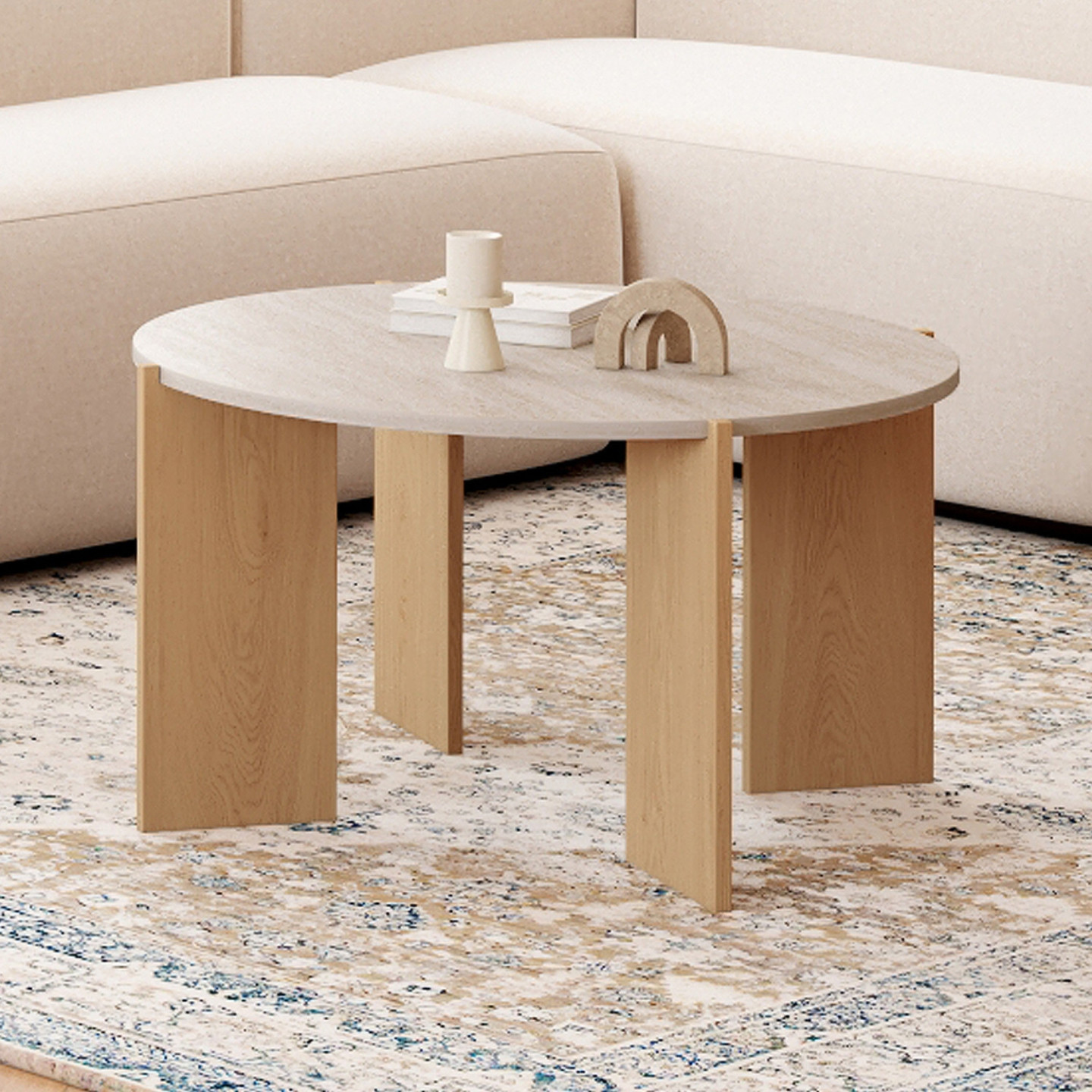 Table basse ronde 'Antares' beige beige en 98% mdf + 2% placage papier imitation travertin - L'Incroyable