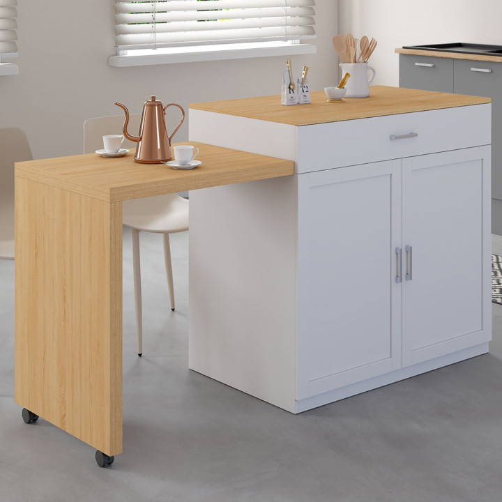 Isla central de madera blanca con mesa de comedor extensible - VITO | IDMarket