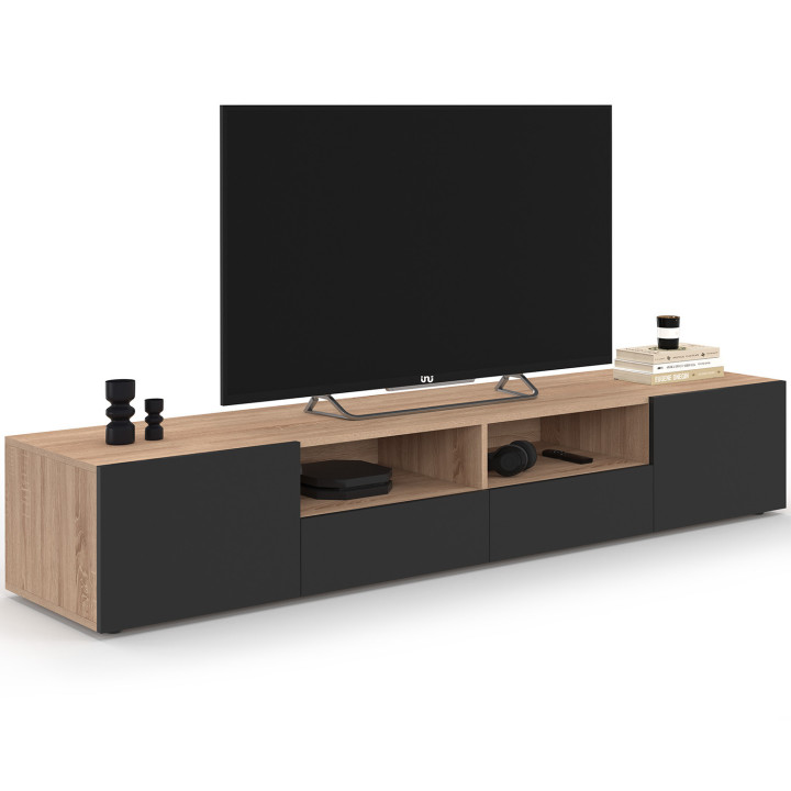 Mueble TV 180 cm en madera de haya con puertas negras - ELI | ID Market