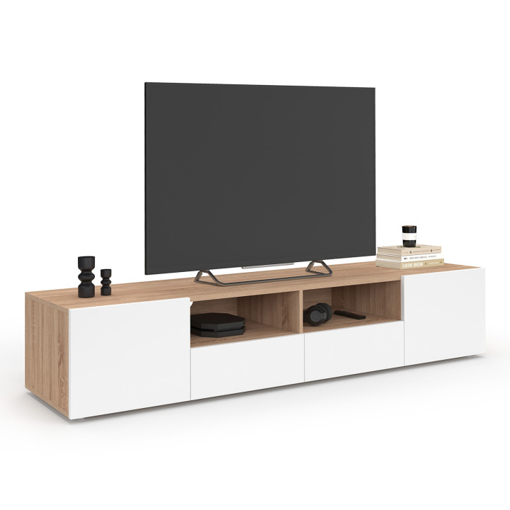 Mueble de TV de madera de haya ELI de 180 cm con puertas blancas