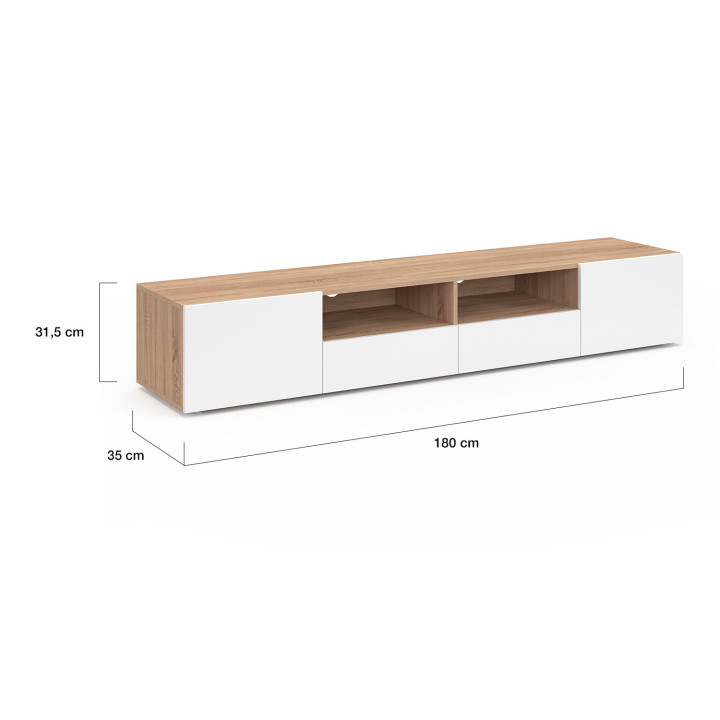 Mueble de TV de madera de haya ELI de 180 cm con puertas blancas