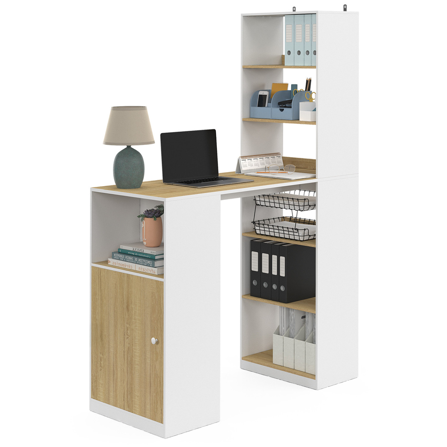 Bureau LUNG avec rangements et placard 2 personnes blanc et bois - LUNG ...