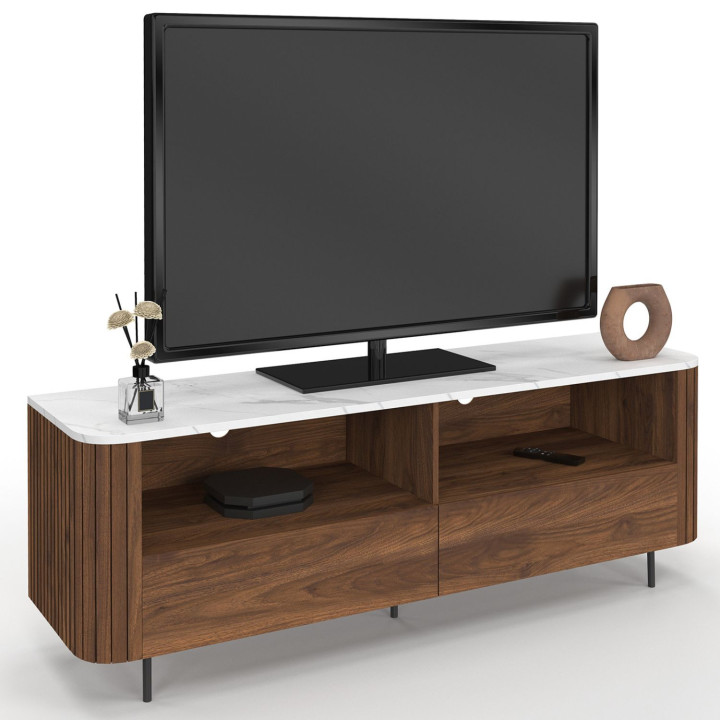 TV-Möbel 140 cm Nussbaum Latteneffekt 2 Schubladen und weiße Marmorplatte