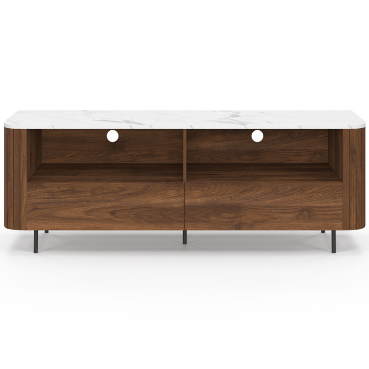 140 cm notenhouten TV-element met lameleffect, 2 laden en wit marmeren blad