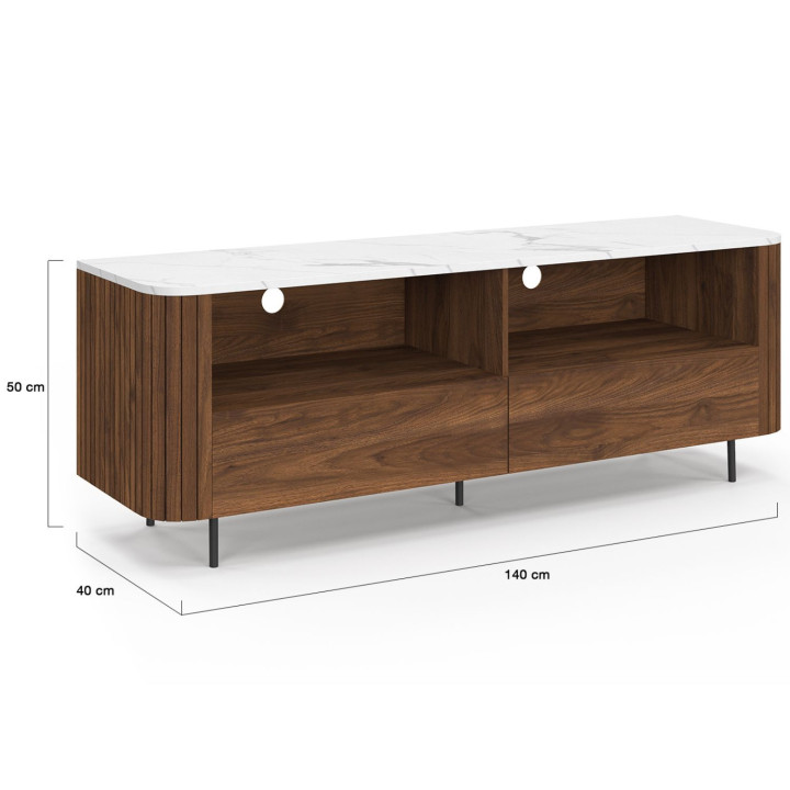 Meuble TV 140 cm MARLA noyer effet lattes 2 tiroirs et plateau marbre blanc ALASKA
