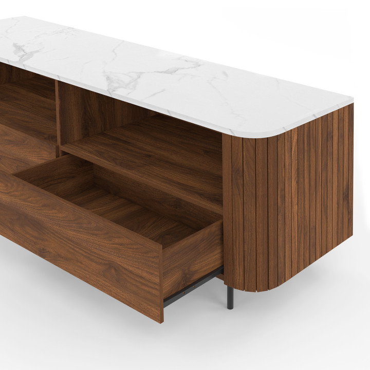 140 cm notenhouten TV-element met lameleffect, 2 laden en wit marmeren blad