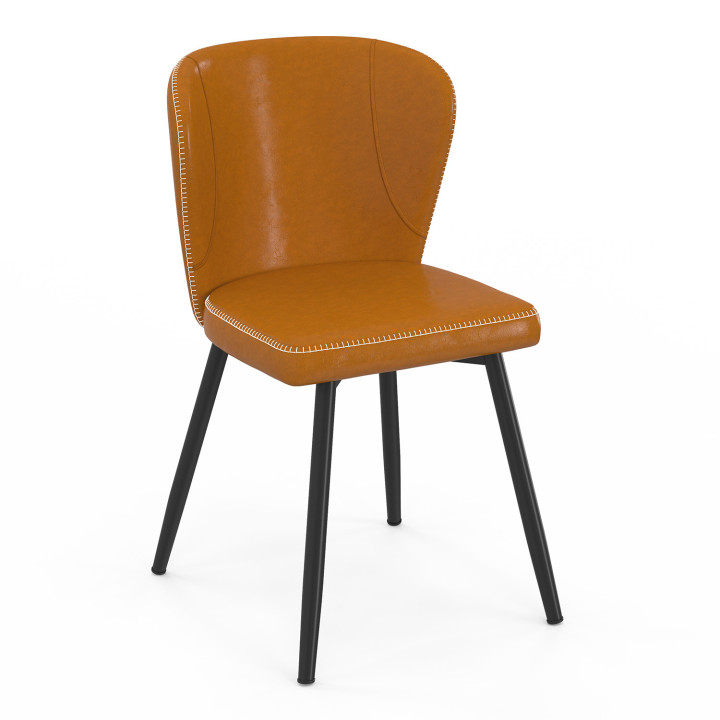 Lot de 4 chaises ISAURE effet cuir marron avec coutures et pied métal noir