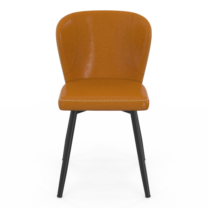 Lot de 4 chaises ISAURE effet cuir marron avec coutures et pied métal noir