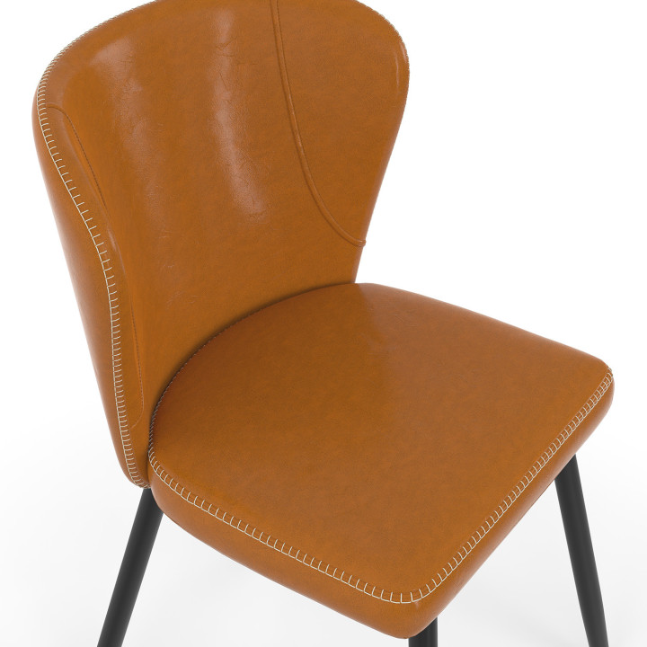 Lot de 4 chaises ISAURE effet cuir marron avec coutures et pied métal noir