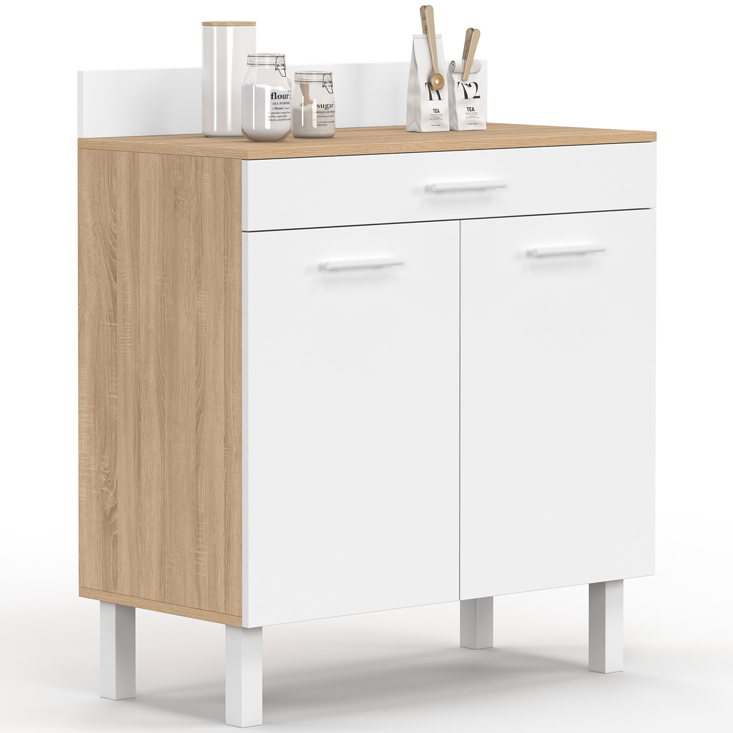 Buffet bas de cuisine 80 cm plan de travail H.83 cm 2 portes + tiroir façon hêtre et blanc