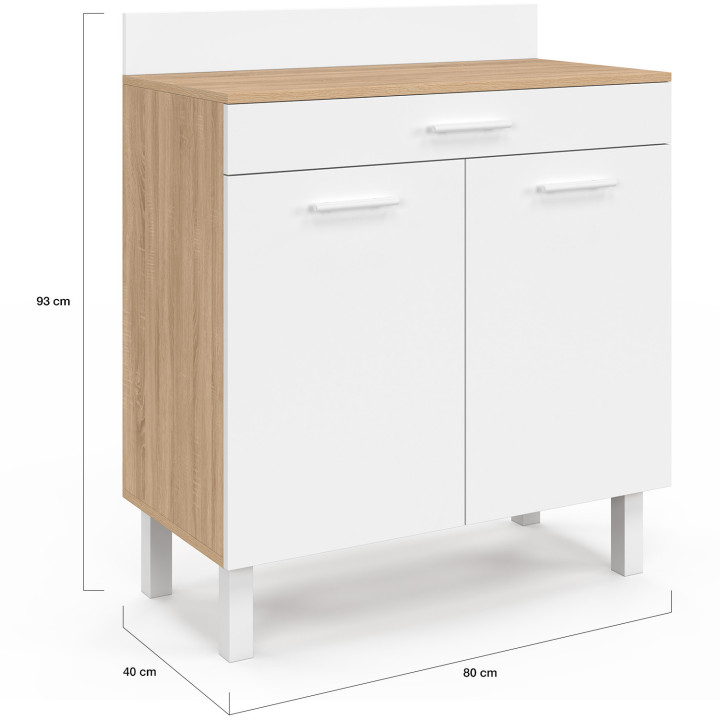 Buffet bas de cuisine 80 cm CINA plan de travail H.83 cm 2 portes + tiroir façon hêtre et blanc