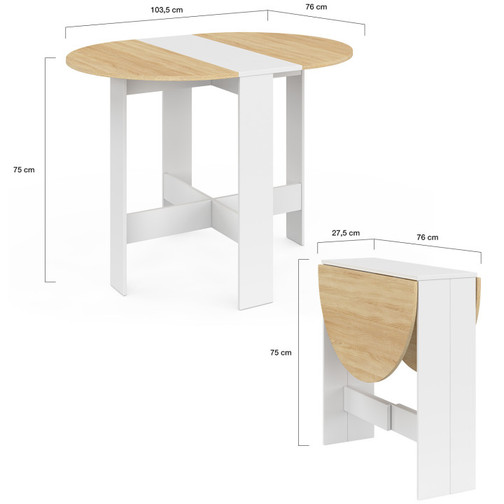 Table console pliable ronde EDI 2-4 personnes bois blanc plateau façon hêtre 103 x 76 cm