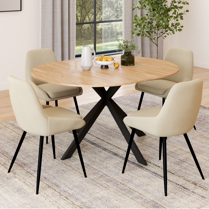 Set van 110-150 cm ALIX hout en zwarte ronde uitschuifbare eettafel en 4 beige THALYA fluwelen stoelen