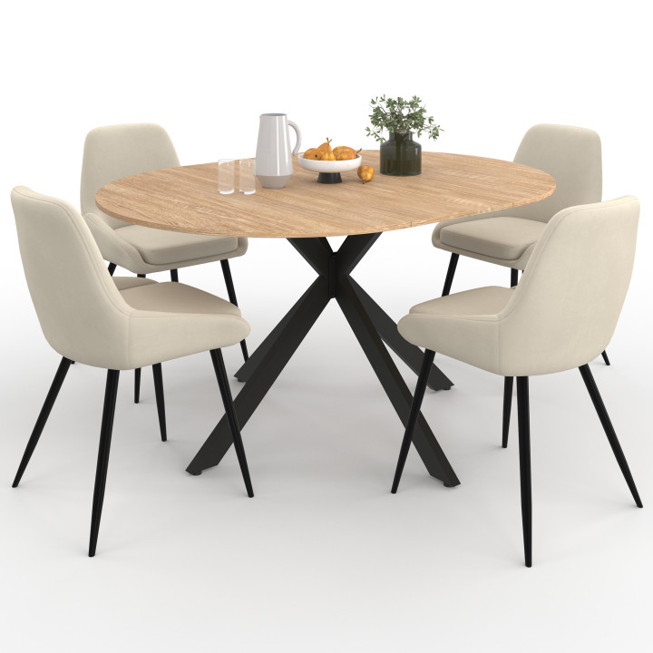 Set di tavolo da pranzo rotondo allungabile ALIX in legno e nero da 110-150 cm e 4 sedie in velluto beige THALYA
