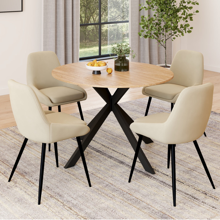 Conjunto de mesa de comedor redonda extensible ALIX de madera y negro de 110-150 cm y 4 sillas de terciopelo beige THALYA
