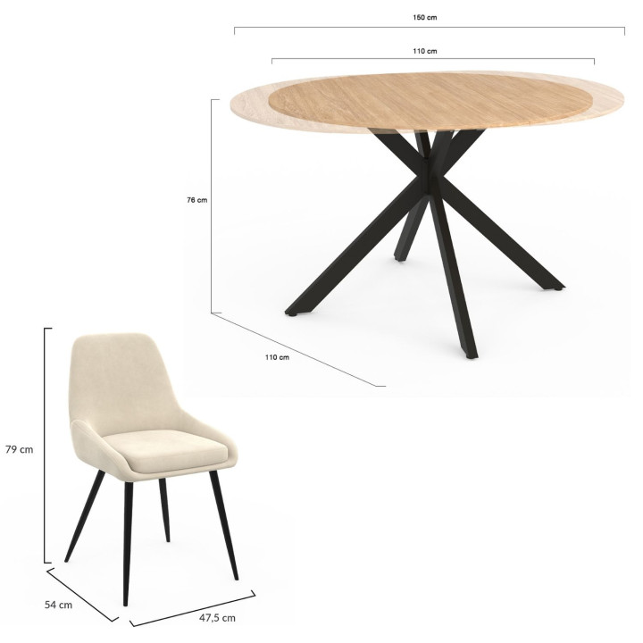 Set ausziehbarer runder Esstisch ALIX aus Holz und Schwarz 110-150 cm und 4 Stühle THALYA Samt beige