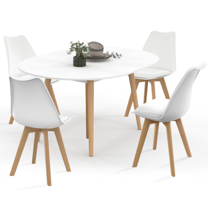 Tavolo da pranzo rotondo allungabile ANGELA bianco con gambe in legno 110 - 150 cm e set di 4 sedie SARA bianche