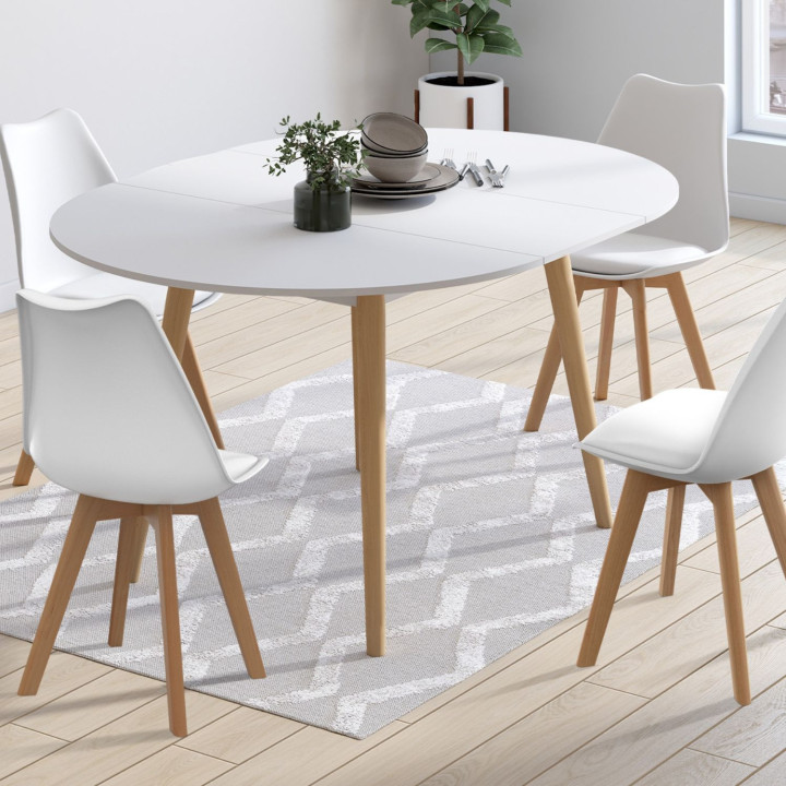 Ensemble table à manger extensible ronde ANGELA blanc pied bois 110 - 150 cm et 4 chaises SARA blanches