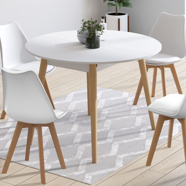 Mesa de comedor redonda extensible ANGELA blanca con patas de madera 110 - 150 cm y juego de 4 sillas SARA blancas