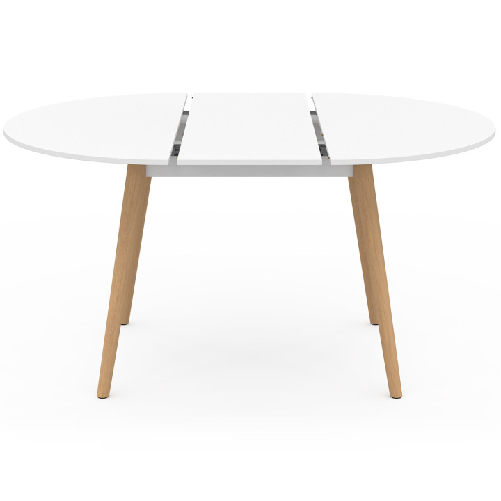 Tavolo da pranzo rotondo allungabile ANGELA bianco con gambe in legno 110 - 150 cm e set di 4 sedie SARA bianche