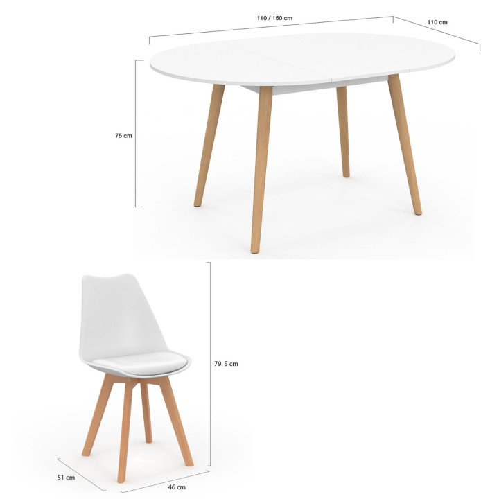 Ensemble table à manger extensible ronde ANGELA blanc pied bois 110 - 150 cm et 4 chaises SARA blanches