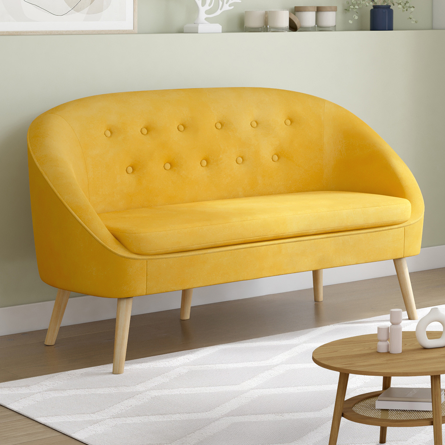 Canapé velours jaune rétro chic pieds en bois