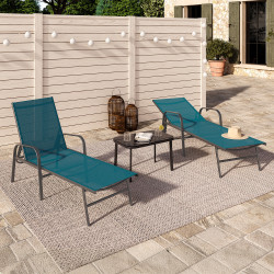 Lot de 2 transats de jardin inclinables FIDJI en acier gris anthracite et toile bleu canard