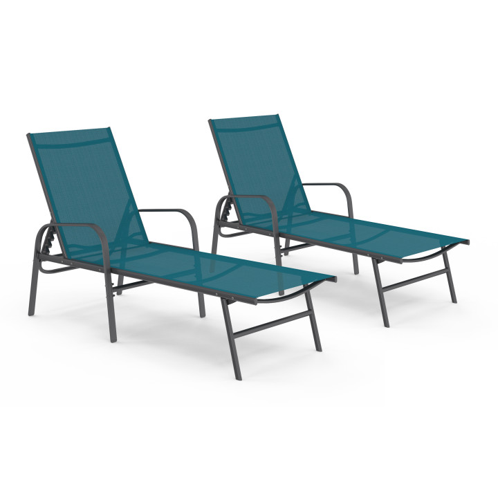 Lot de 2 transats de jardin inclinables FIDJI en acier gris anthracite et toile bleu canard