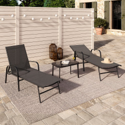 Lot de 2 transats de jardin inclinables FIDJI en acier noir et toile gris anthracite