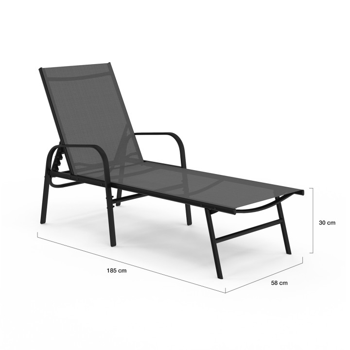 Lot de 2 transats de jardin inclinables FIDJI en acier noir et toile gris anthracite
