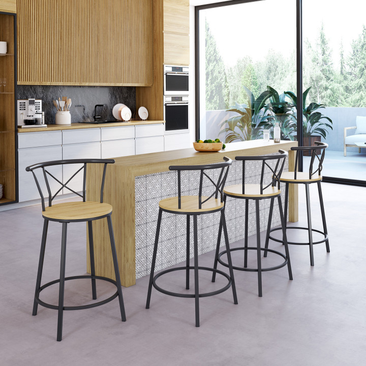 Set 4 Sgabelli Da Bar Industriali In Metallo Alti 84 Cm - Con Schienale In Legno, Impilabili, Per Interni/esterni