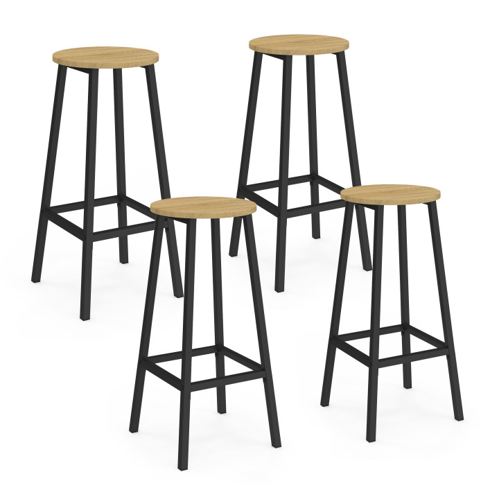 Taburetes de bar redondos de madera y metal negro - Juego de 4 - DETROIT | ID Market