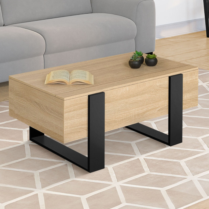 Table basse plateau relevable rectangulaire PHOENIX bois et noir