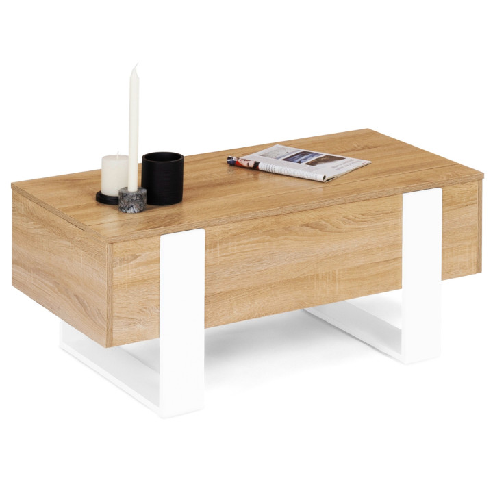 Table basse plateau relevable rectangulaire PHOENIX bois et blanc