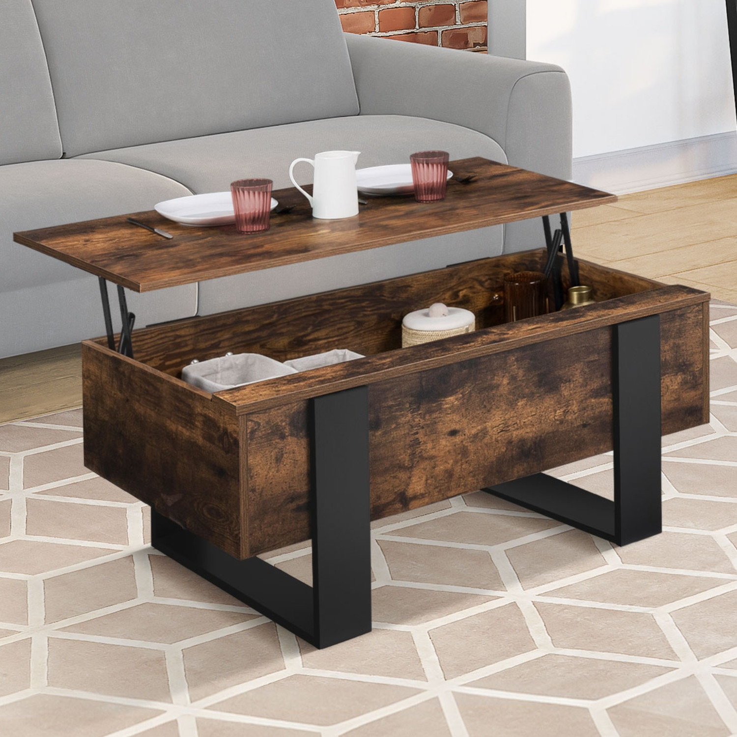 Table basse industrielle relevable bois effet vieilli et noir